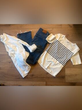 J. Crew White Tee with Navy Stripes, cotton shirt, cropped bootcut jeans